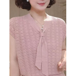 2025夏季新款女裝紅色V領短袖毛針織衫女寬松套頭打底衫時尚洋氣