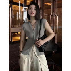 灰色v領冰絲針織開衫夏季時尚洋氣修身顯瘦打底衫單排釦短袖上衣