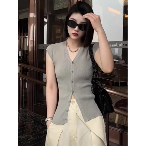 灰色v領冰絲針織開衫夏季時尚洋氣修身顯瘦打底衫單排釦短袖上衣