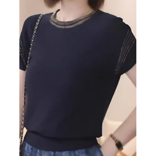 2025夏季新款女裝藍色圓領短袖毛針織衫女寬松套頭打底衫時尚洋氣