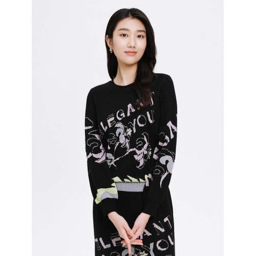 珂萊蒂爾outlets印花寬松百搭針織衫女新款顯瘦打底衫針織上衣