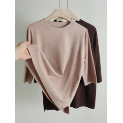 羊毛天絲中袖針織女毛衣圓領寬松顯瘦秋季百搭純色套頭打底衫上衣