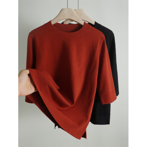 羊毛天絲中袖針織女毛衣圓領寬松顯瘦秋季百搭純色套頭打底衫上衣