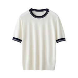 圓領短袖女桑蠶絲萊賽爾針織打底衫毛衣拼接撞色2025夏