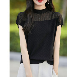 時尚歐根紗半高領短袖女夏季新款蕾絲網紗背心顯瘦百搭針織打底衫