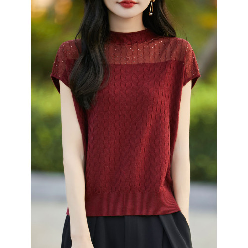 時尚歐根紗半高領短袖女夏季新款蕾絲網紗背心顯瘦百搭針織打底衫