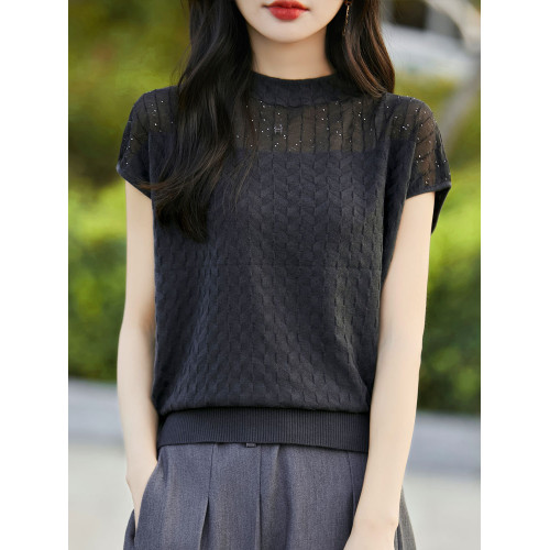 時尚歐根紗半高領短袖女夏季新款蕾絲網紗背心顯瘦百搭針織打底衫