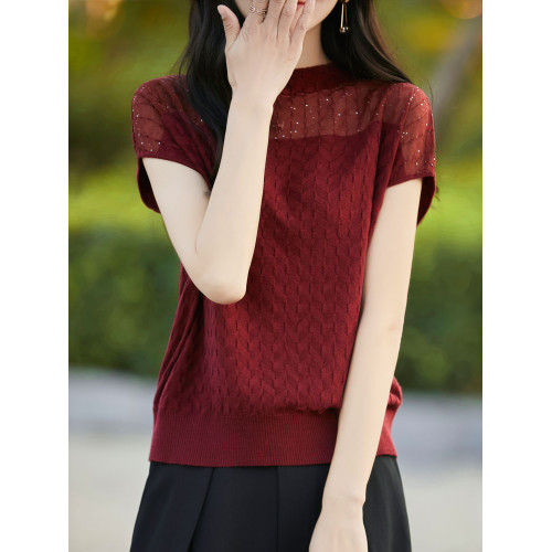 時尚歐根紗半高領短袖女夏季新款蕾絲網紗背心顯瘦百搭針織打底衫