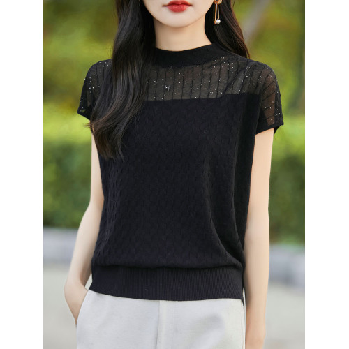 時尚歐根紗半高領短袖女夏季新款蕾絲網紗背心顯瘦百搭針織打底衫