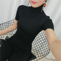 高領短袖套頭針織衫女毛衣修身打底衫2023春秋新款半袖內搭小衫潮