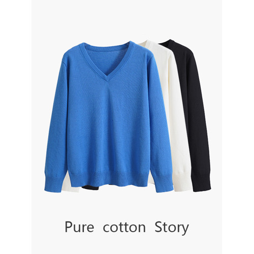 意大利單 100%全棉針織衫女士V領打底衫長袖春秋單穿薄款毛衣寬松