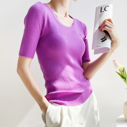 美麗減齡亮色低圓領套頭針織衫女夏季新款簡約百搭純色短袖打底衫