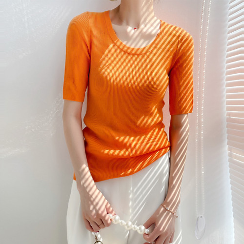 美麗減齡亮色低圓領套頭針織衫女夏季新款簡約百搭純色短袖打底衫