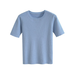 髮島國櫃貨 16針~全棉針織衫女士短袖打底衫圓領 初秋季 修身型