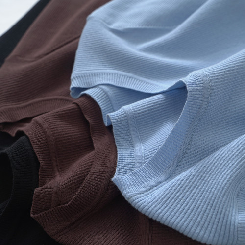 髮島國櫃貨 16針~全棉針織衫女士短袖打底衫圓領 初秋季 修身型