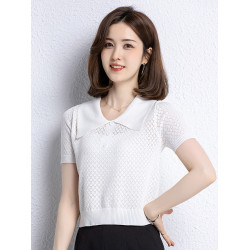 冰絲針織衫女夏季短款修身薄款鏤空短袖上衣洋氣桑蠶絲高腰打底衫