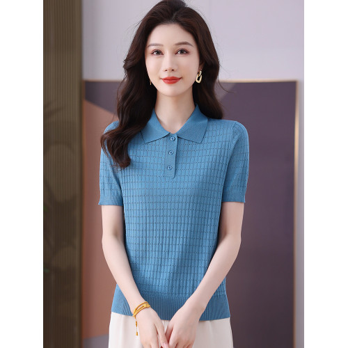 冰絲針織衫女夏季短款修身薄款鏤空短袖上衣洋氣桑蠶絲高腰打底衫