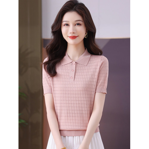 冰絲針織衫女夏季短款修身薄款鏤空短袖上衣洋氣桑蠶絲高腰打底衫