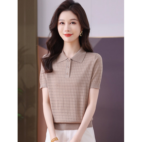 冰絲針織衫女夏季短款修身薄款鏤空短袖上衣洋氣桑蠶絲高腰打底衫