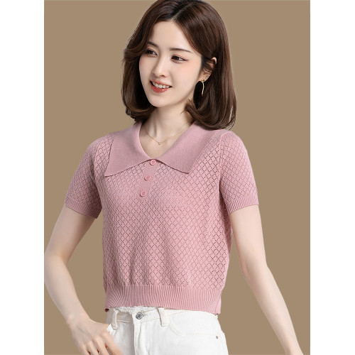 冰絲針織衫女夏季短款修身薄款鏤空短袖上衣洋氣桑蠶絲高腰打底衫