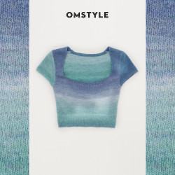 套頭低圓領漸變色短款高腰露臍修身顯瘦內搭短袖針織衫打底衫女夏