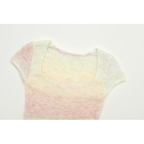 套頭低圓領漸變色短款高腰露臍修身顯瘦內搭短袖針織衫打底衫女夏