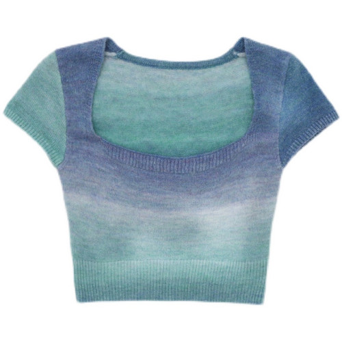 套頭低圓領漸變色短款高腰露臍修身顯瘦內搭短袖針織衫打底衫女夏