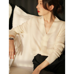 極簡風v領針織衫女春季高級感長袖寬松細羊毛開衫內搭打底衫上衣