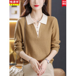 恒源祥假兩件毛衣女長袖春秋2025新款翻領洋氣上衣羊毛針織打底衫