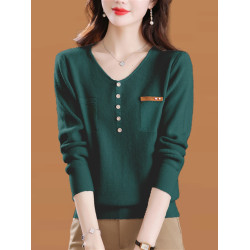 2025春季V領毛衣長袖針織衫時尚百搭春秋顯瘦打底衫媽媽洋氣上衣
