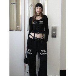 badblood紐釦打底衫女修身短款純欲風蕾絲邊性感辣妹長袖針織上衣