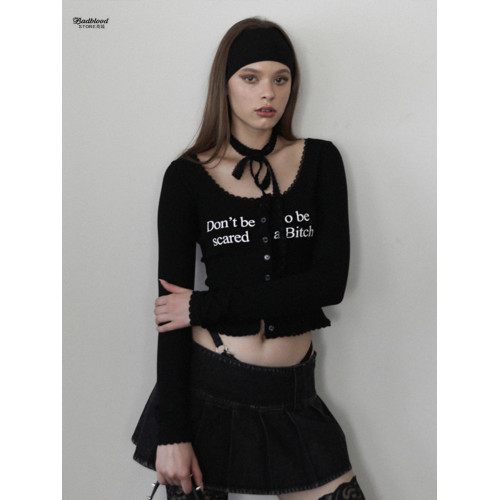 badblood紐釦打底衫女修身短款純欲風蕾絲邊性感辣妹長袖針織上衣