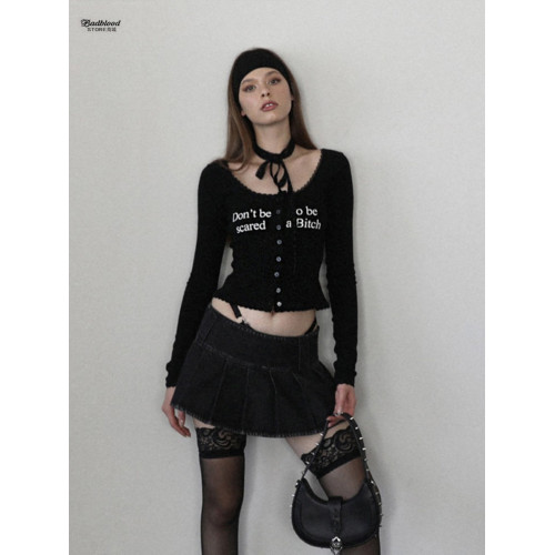 badblood紐釦打底衫女修身短款純欲風蕾絲邊性感辣妹長袖針織上衣