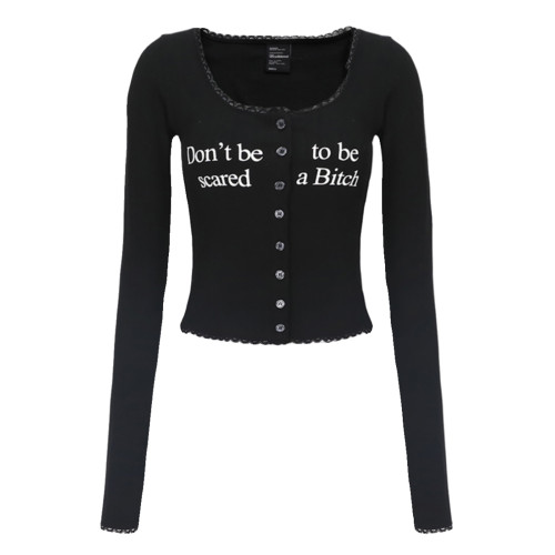 badblood紐釦打底衫女修身短款純欲風蕾絲邊性感辣妹長袖針織上衣