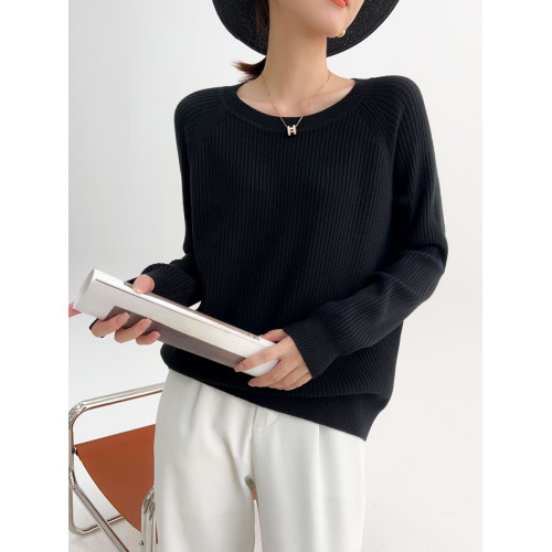 春季羊絨圓領長袖針織毛衣女軟糯保暖打底衫寬松顯瘦純色百搭上衣