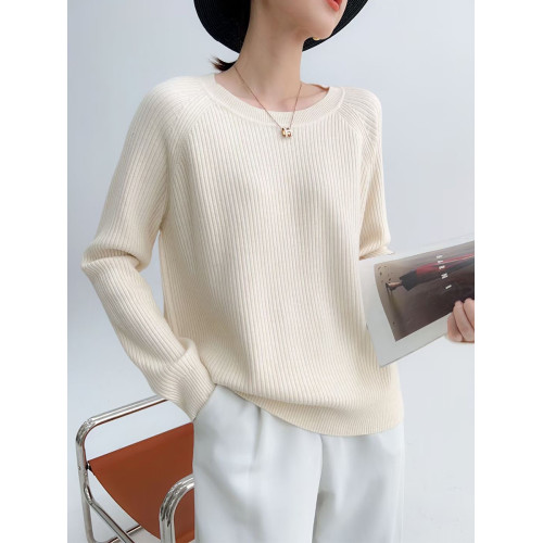 春季羊絨圓領長袖針織毛衣女軟糯保暖打底衫寬松顯瘦純色百搭上衣