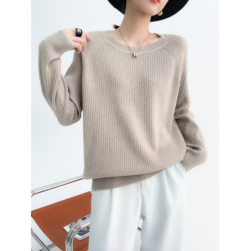 春季羊絨圓領長袖針織毛衣女軟糯保暖打底衫寬松顯瘦純色百搭上衣