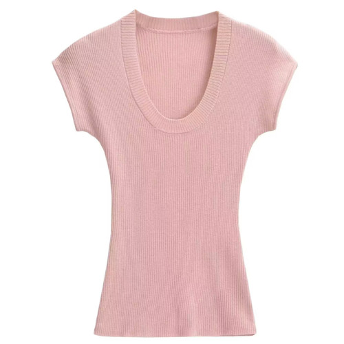 歐美風復古時髦純色柔軟輕薄內搭彈力修身U領針織短袖T打底衫上衣