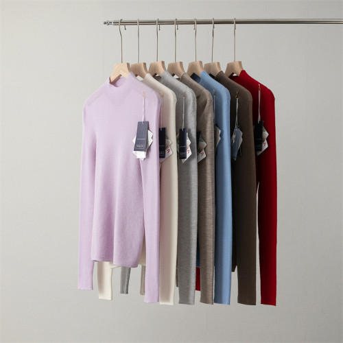 一線成衣敭子紗精紡100細羊毛半高領針織打底衫女長袖修身薄毛衣