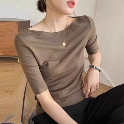2025春季新款內搭一字肩領五分袖顯瘦針織衫打底衫中袖修身上衣女
