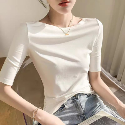 2025春季新款內搭一字肩領五分袖顯瘦針織衫打底衫中袖修身上衣女