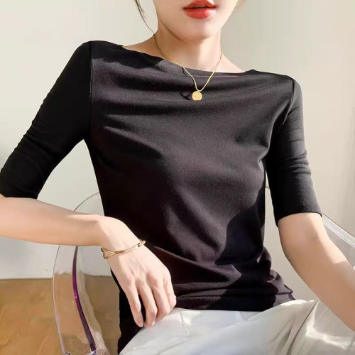 2025春季新款內搭一字肩領五分袖顯瘦針織衫打底衫中袖修身上衣女