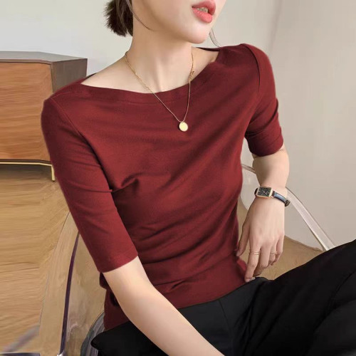 2025春季新款內搭一字肩領五分袖顯瘦針織衫打底衫中袖修身上衣女