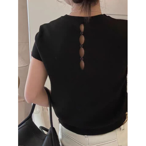 2025年秋季後背鏤空正肩短袖小衆設計感修身短款針織打底衫上衣女