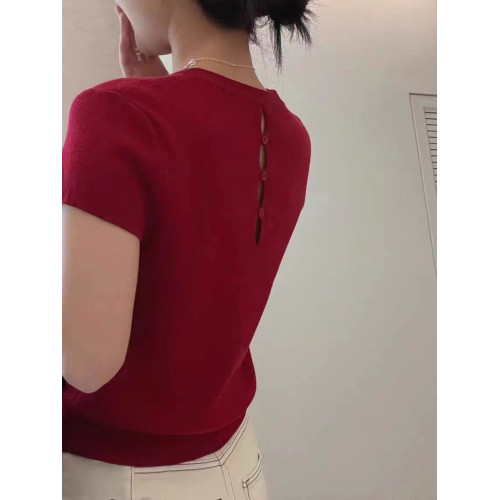 2025年秋季後背鏤空正肩短袖小衆設計感修身短款針織打底衫上衣女