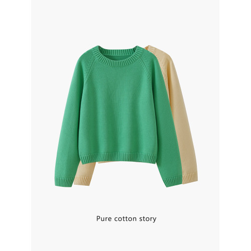 粗線精紡 100%棉 短款圓領針織衫女士秋冬季毛衣打底衫寬松 厚款