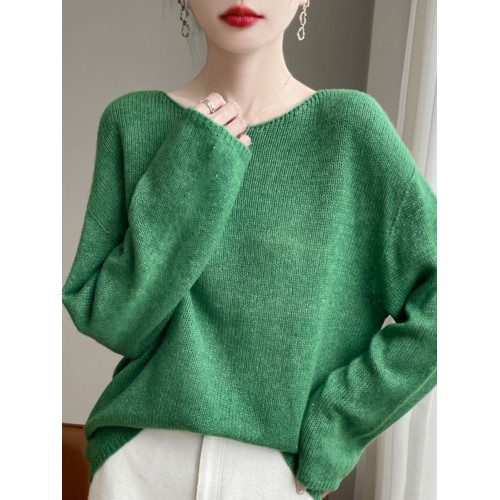 2024秋冬新款桑蠶絲加山羊絨衫女一字領毛衣女慵懶純色針織打底衫