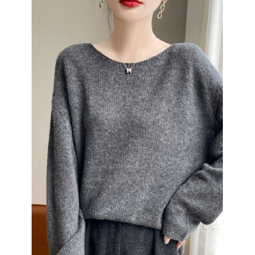 2024秋冬新款桑蠶絲加山羊絨衫女一字領毛衣女慵懶純色針織打底衫