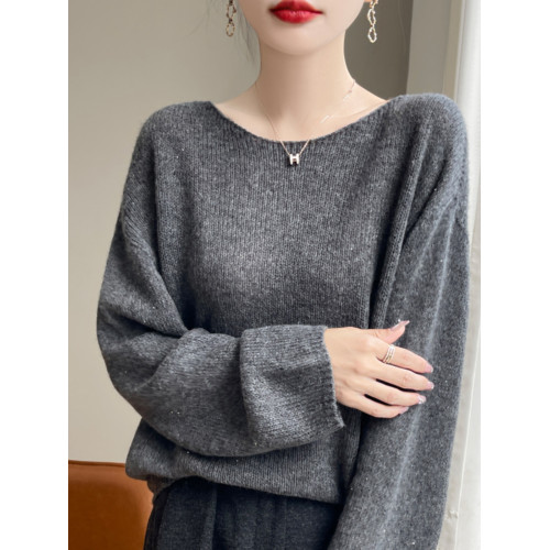 2024秋冬新款桑蠶絲加山羊絨衫女一字領毛衣女慵懶純色針織打底衫