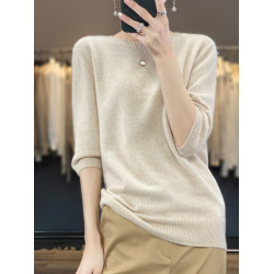 100純羊毛五分袖打底衫女2025新款秋冬內搭洋氣大碼女裝針織毛衣